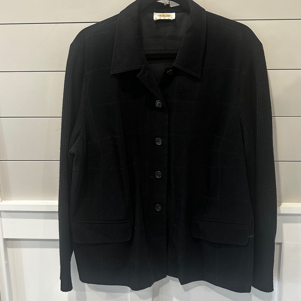 Talbots Woman Black Grid Stitch Faux Suede Ribbed Knit Sleeve Jacket Plus Size